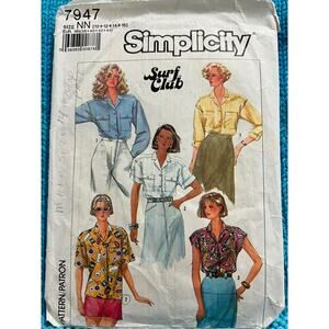 Simplicity 7947 Sewing pattern Button down shirt breast pockets size 10 12 14